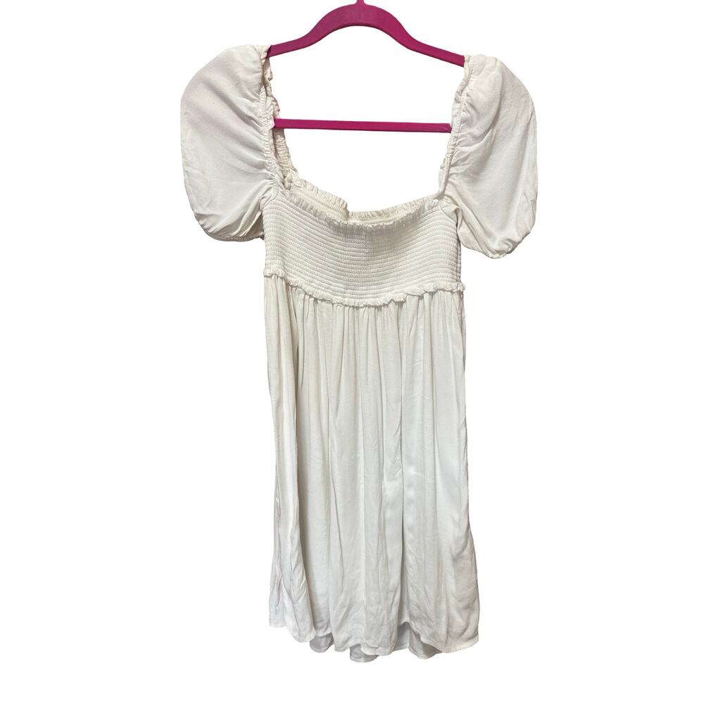 Aritzia Sun-Deh Smocked Puff Sleeve Mini Dress Cream Cottagecore S